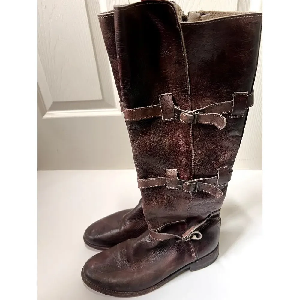 Bed Stu Y2K Buckle Boots Cobbler Series Brown Leather High Calf